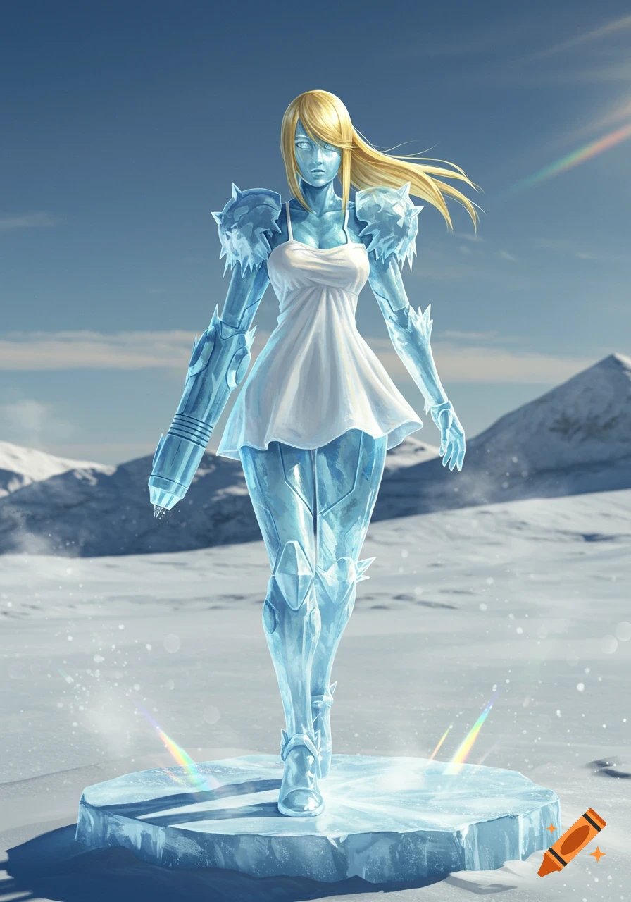 An ice statue of Zero Suit Samus in a white dress stands on an ice pedestal in a snowy mountain landscape under a blue sky.