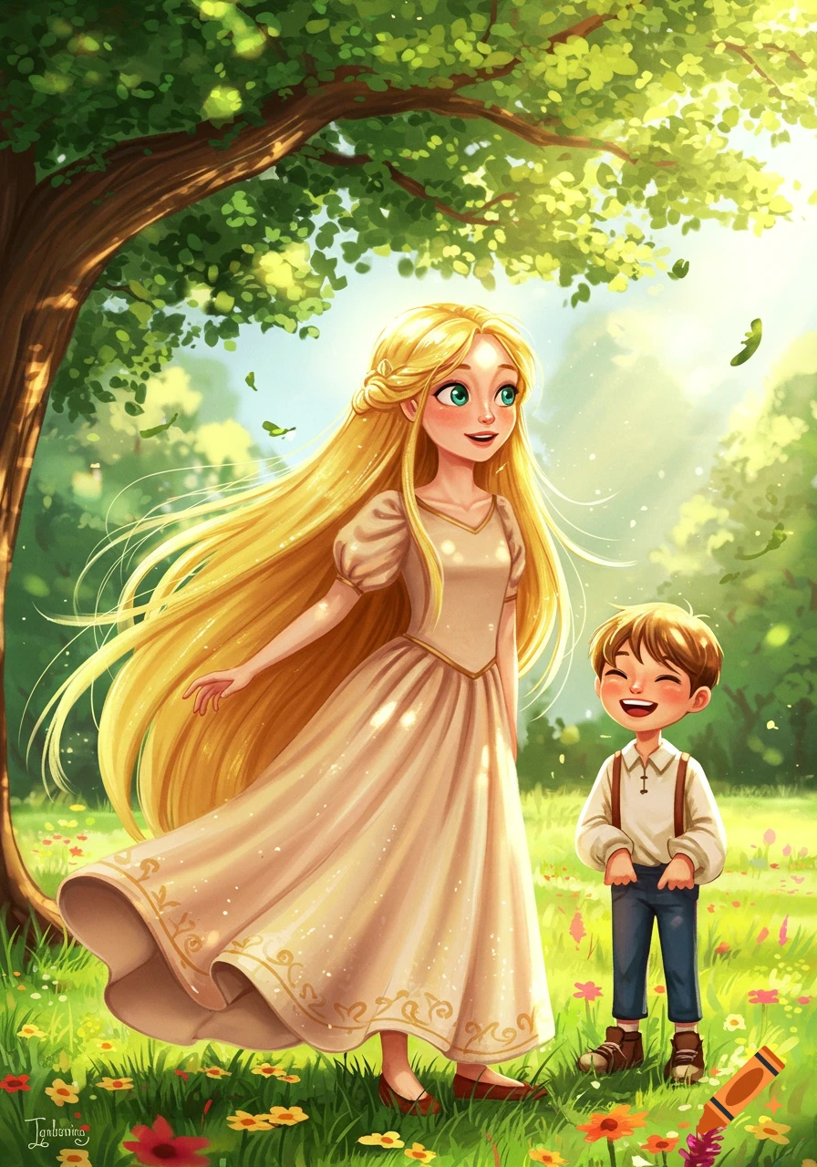 A tall, blonde-haired cartoon girl in a dress stands with a laughing boy in a sunny, green field with trees and flowers.