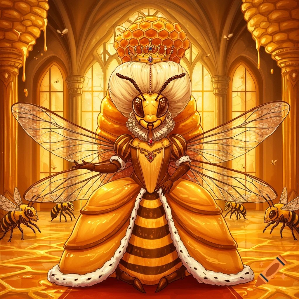 An anthropomorphic queen bee with a blonde beehive hairstyle and fancy dress stands in a golden, honey-themed castle, in a 2D art style.
