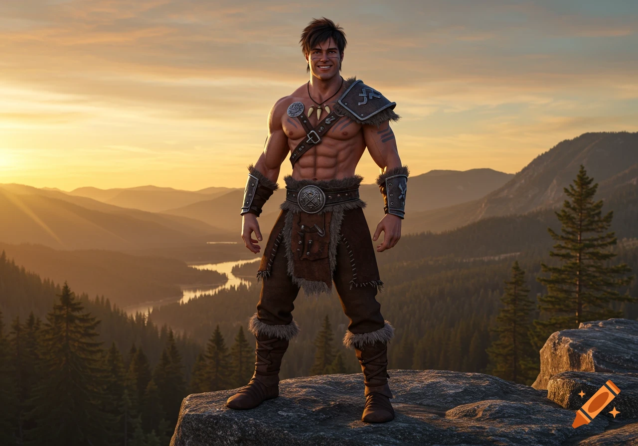 A muscular male barbarian with tribal markings stands confidently on a rocky cliff overlooking a vast mountain landscape with a sunset sky.