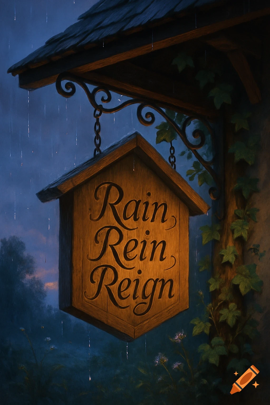 A whimsical wooden sign hanging from a building in the rain reads 'Rain Rein Reign'.