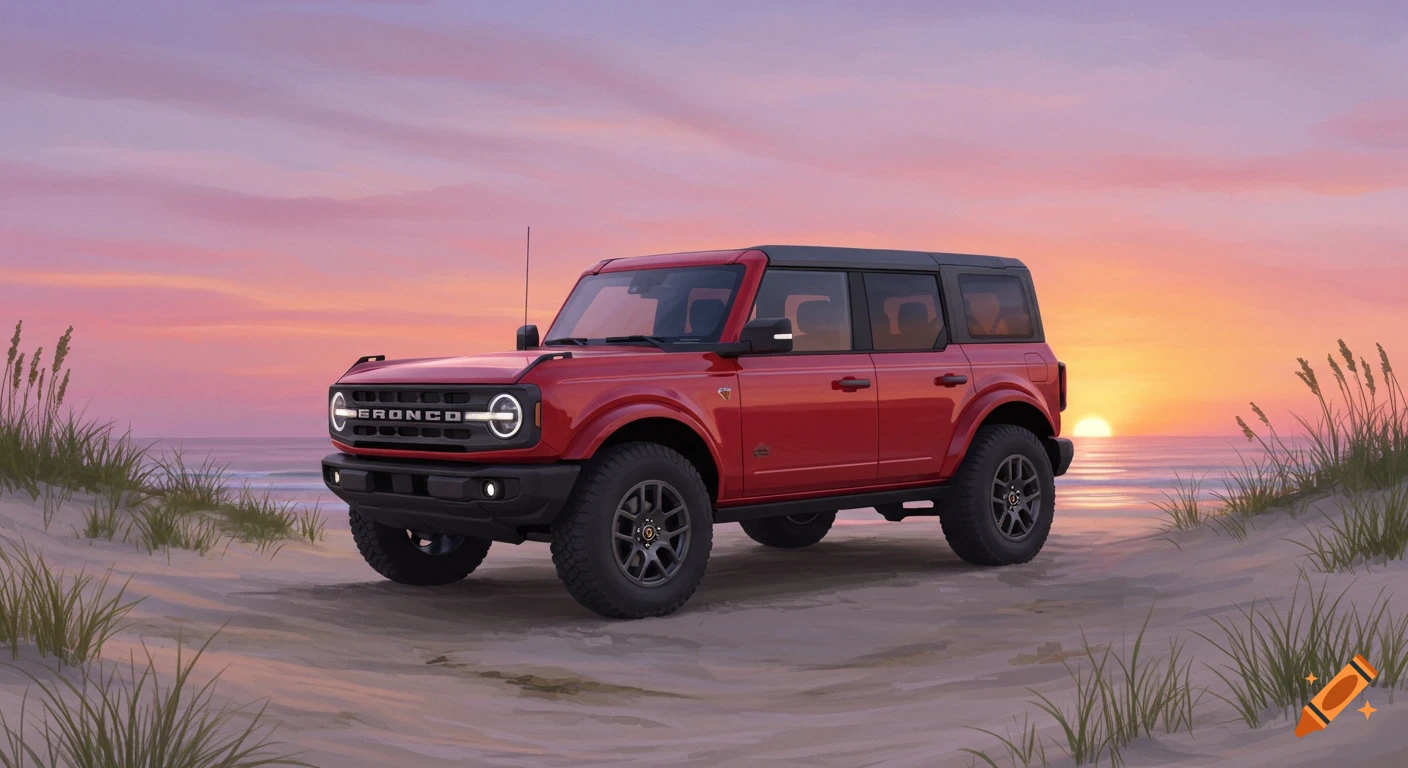 A red Ford Bronco SUV is parked on a sandy beach, with the ocean and a colorful sunrise in the background.