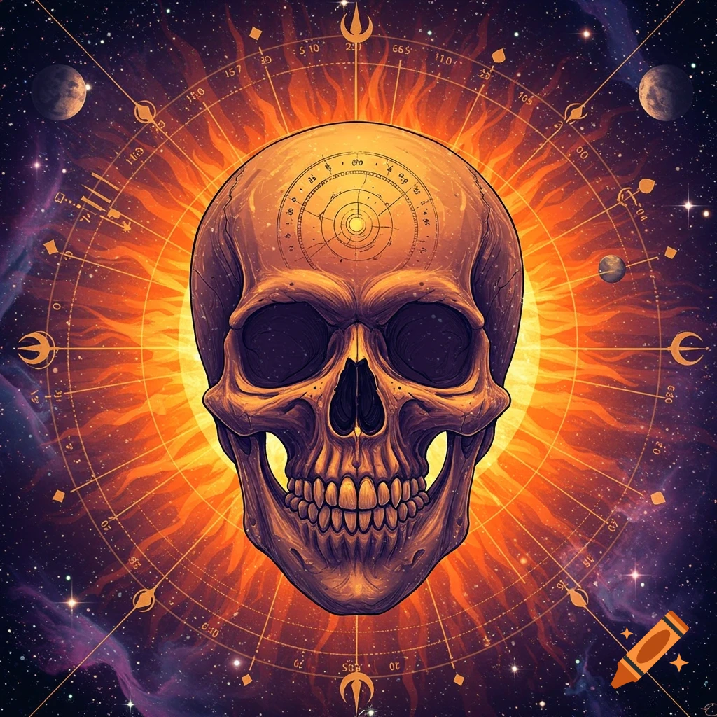 Stylized skull centered on a glowing sunburst astrological chart with stars and planets in a cosmic background.