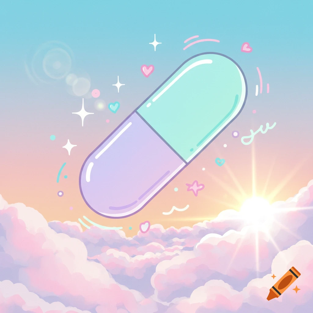 A pastel-colored capsule pill floats above pink and purple clouds with a glowing sunrise in a whimsical illustration.