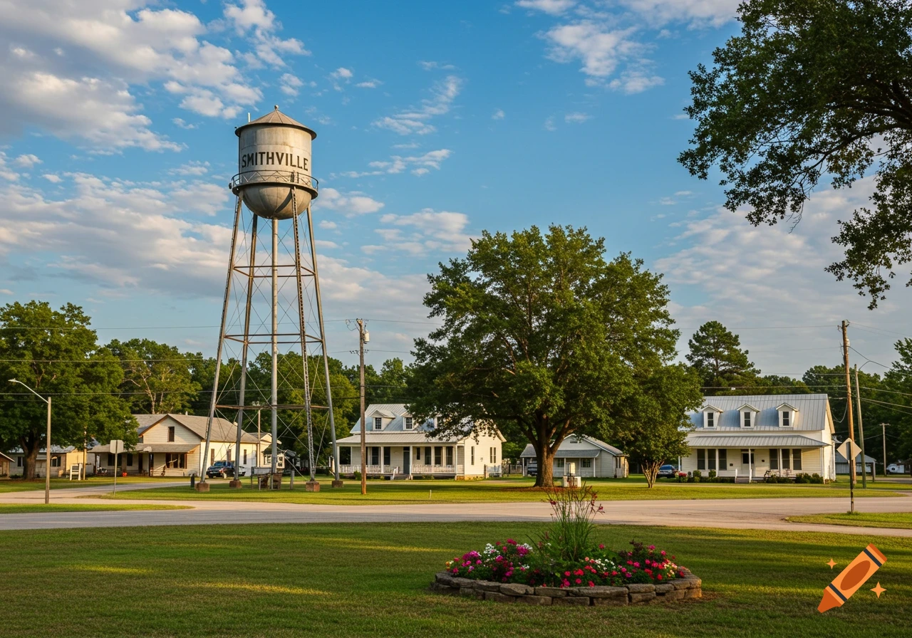 Photorealistic image of a small town street on a sunny day with a 'SMITHVILLE' water tower, houses, and trees.