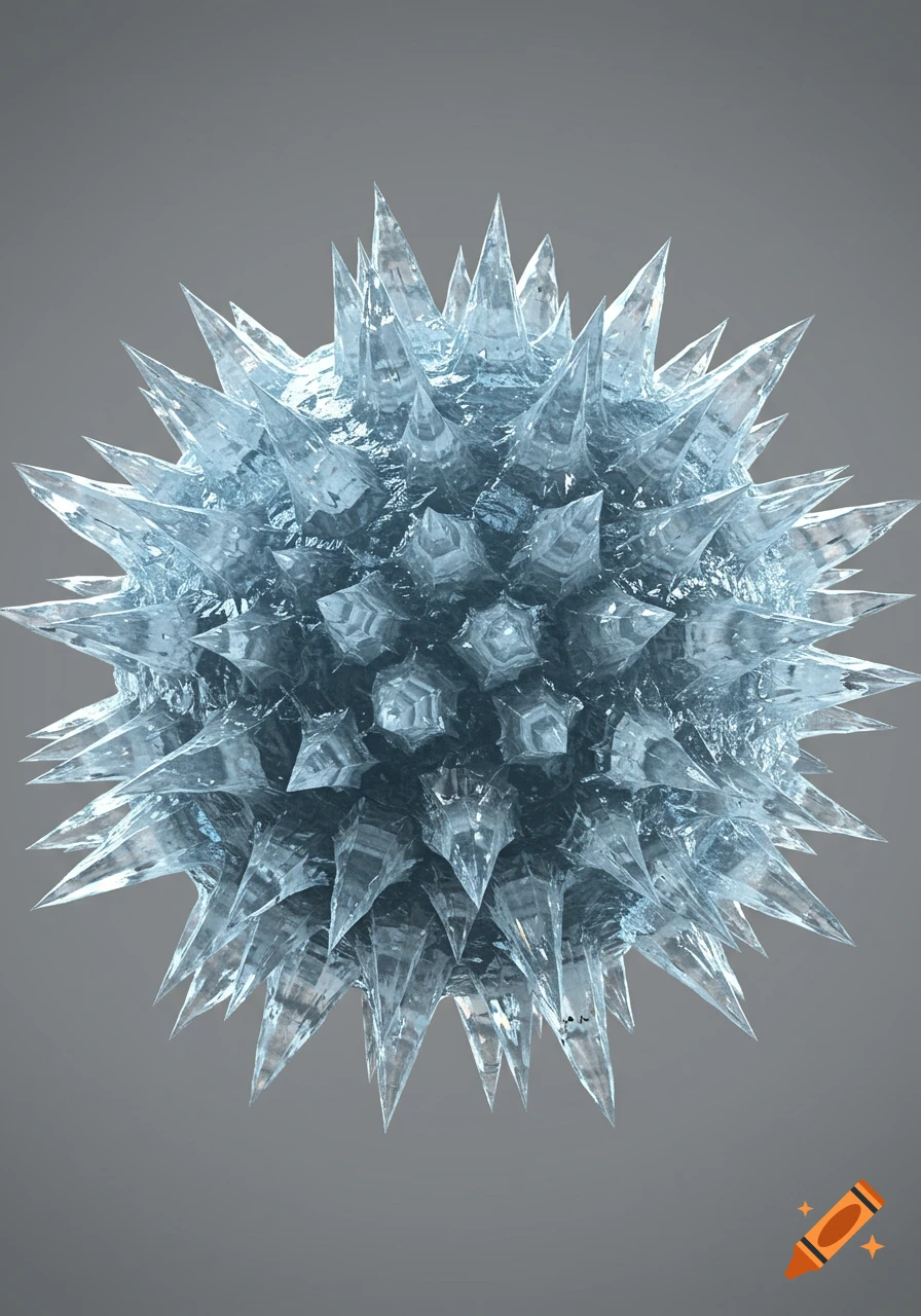 A photorealistic spikey ice ball against a plain gray background.
