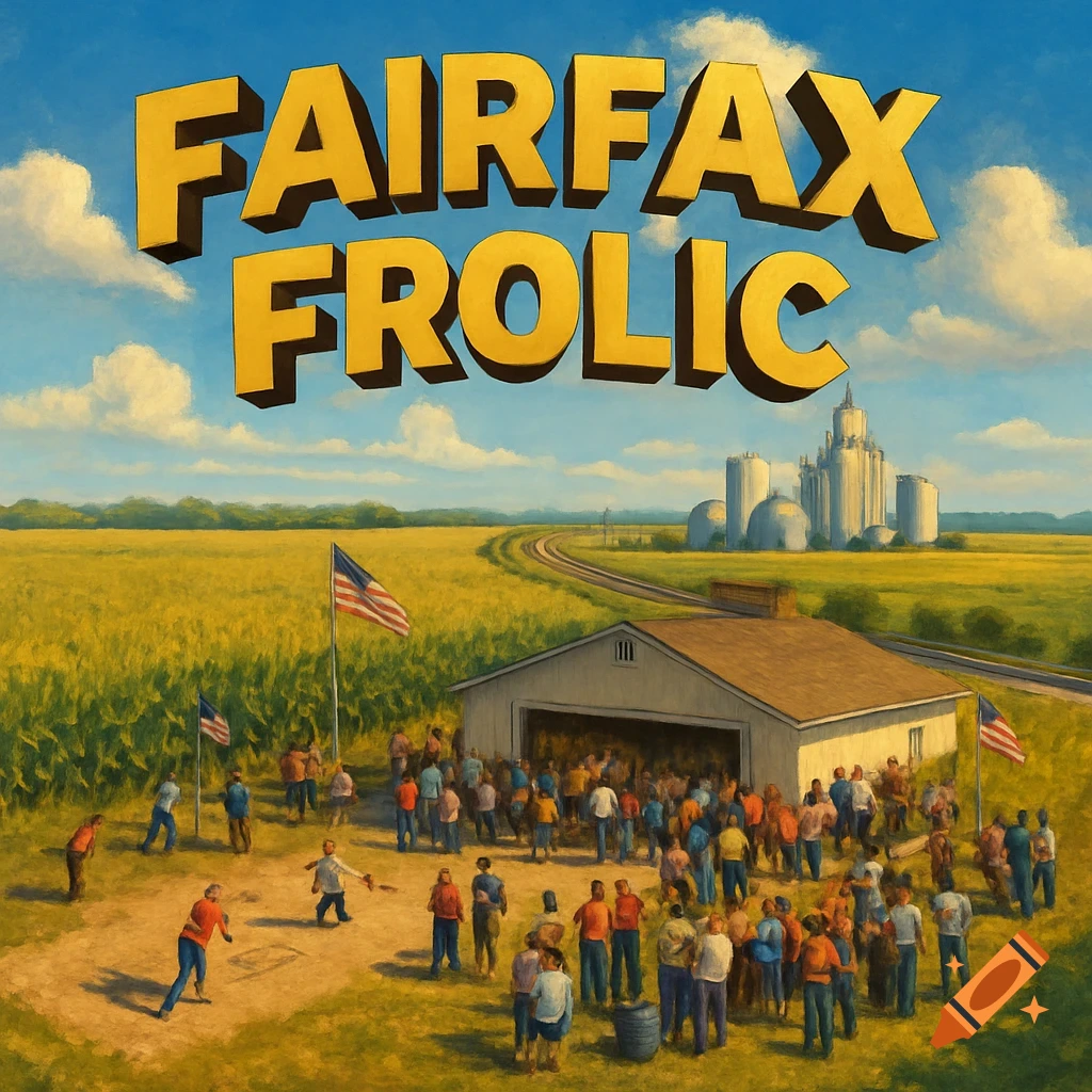 A stylized painting of a 'Fairfax Frolic' with people gathered around a barn in a cornfield, under a blue sky with grain elevators in the background.