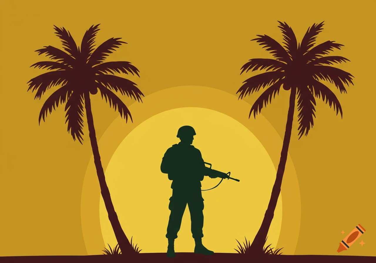 A military man holding a rifle stands as a silhouette between two palm trees against a bold yellow sunset.