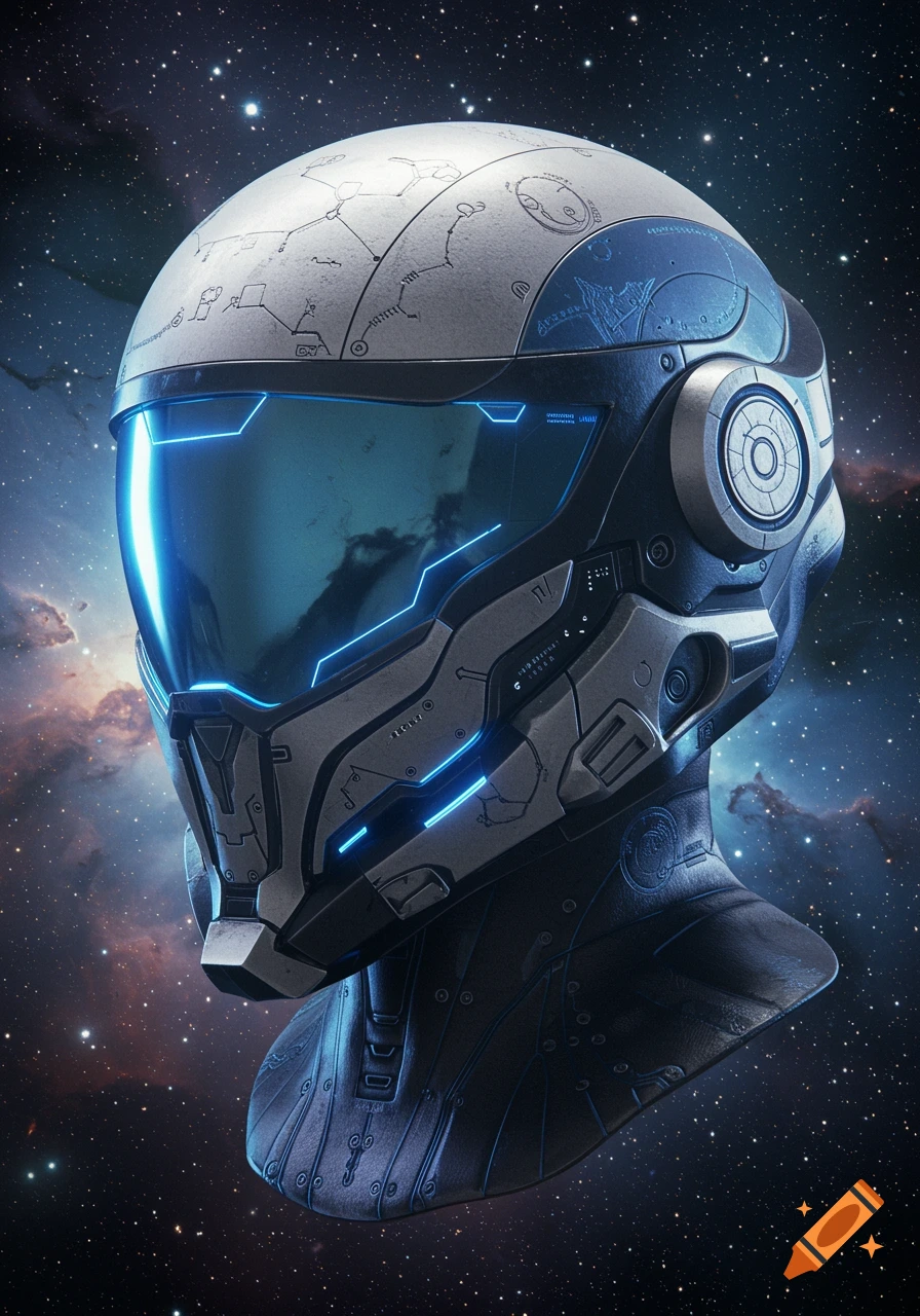 A detailed, futuristic space helmet with glowing blue visor and accents, set against a starry background with nebulae.