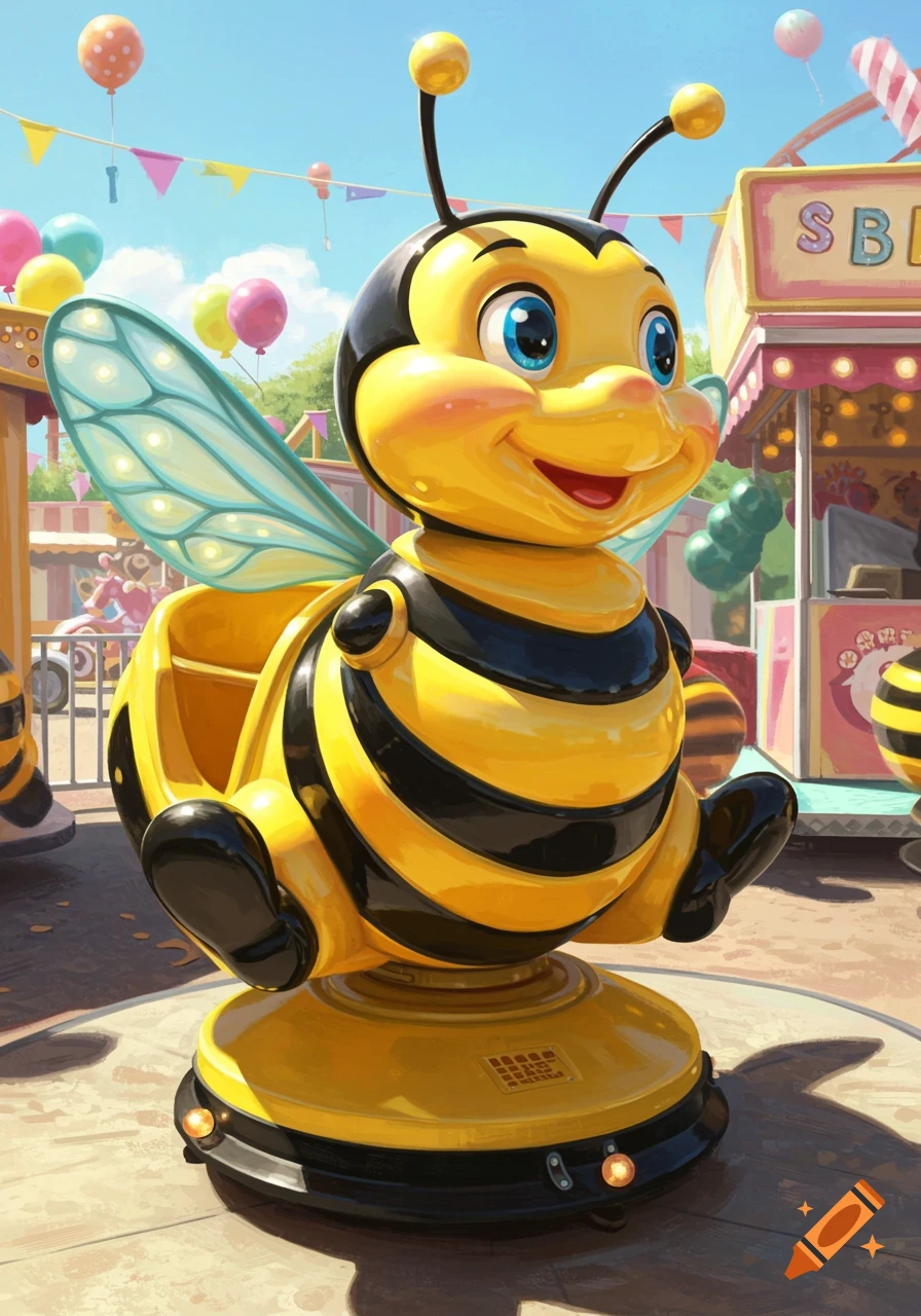 A colorful, cheerful yellow and black bee-shaped kiddie ride with large blue eyes and a happy smile, set in a bright amusement park with balloons.