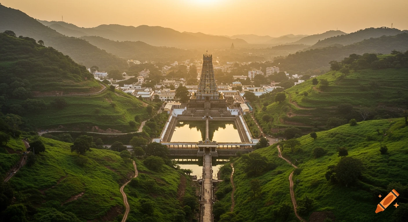 Aerial shot of an ancient Indian temple complex with a tall gopuram, reflecting in a large tank, surrounded by lush green hills at sunrise.