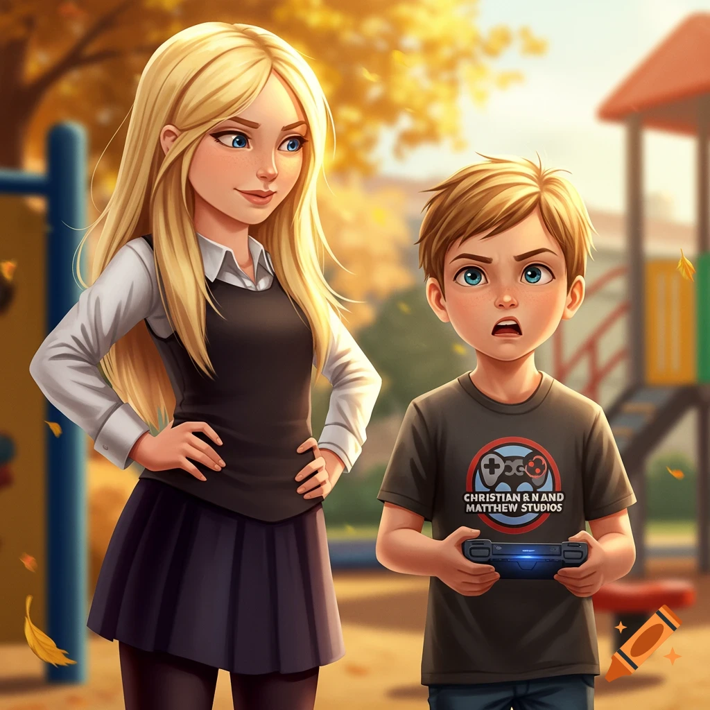 A cartoon girl with long blonde hair stands next to a boy with brown hair holding a game controller at a playground.