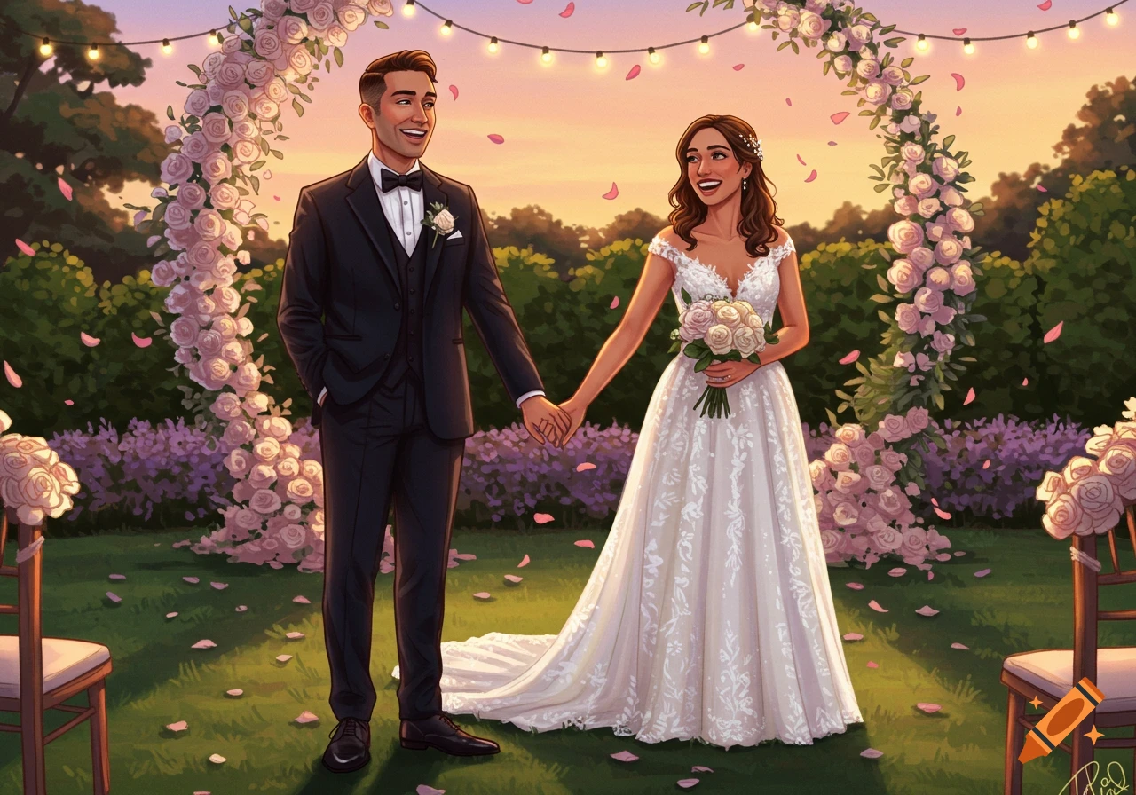 An illustrated depiction of a smiling bride and groom holding hands at an outdoor wedding ceremony.
