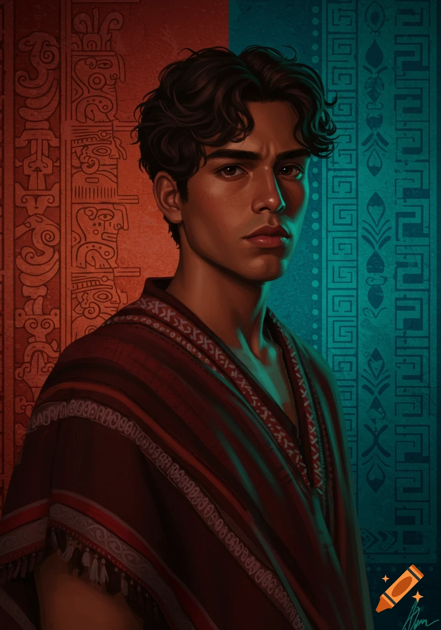 A digital art portrait of a young man with dark curly hair wearing a traditional patterned garment, against a split background of red and teal with cultural patterns.