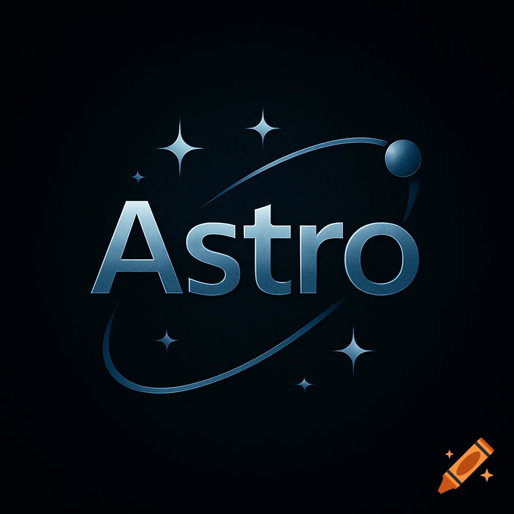 A metallic blue-grey 'Astro' logo with stars and an orbiting element on a dark background.