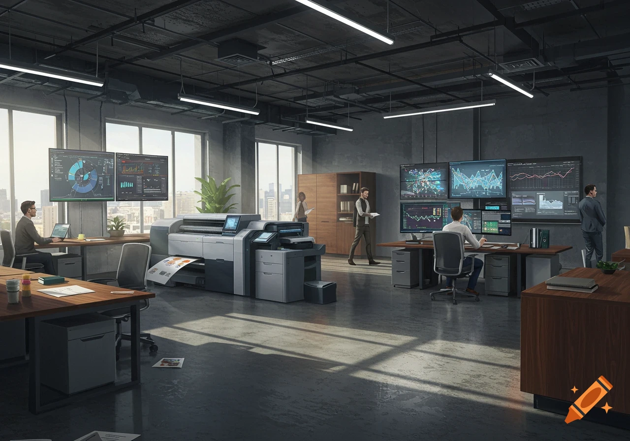 An office interior with large printers, multiple computer monitors displaying charts and data, and several people working at desks.