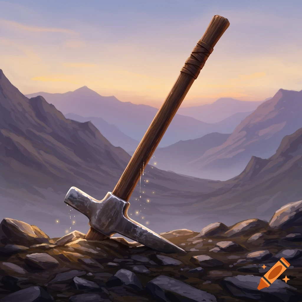 A pickaxe stands upright in rocky ground with mountains and a sunset sky in the background.