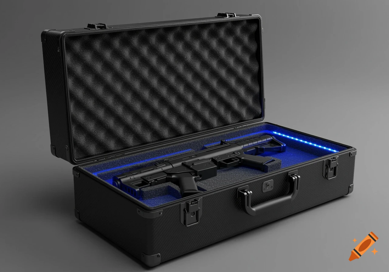 An open black hard case with a replica airsoft rifle nestled in blue-lit foam inside, on a grey background.