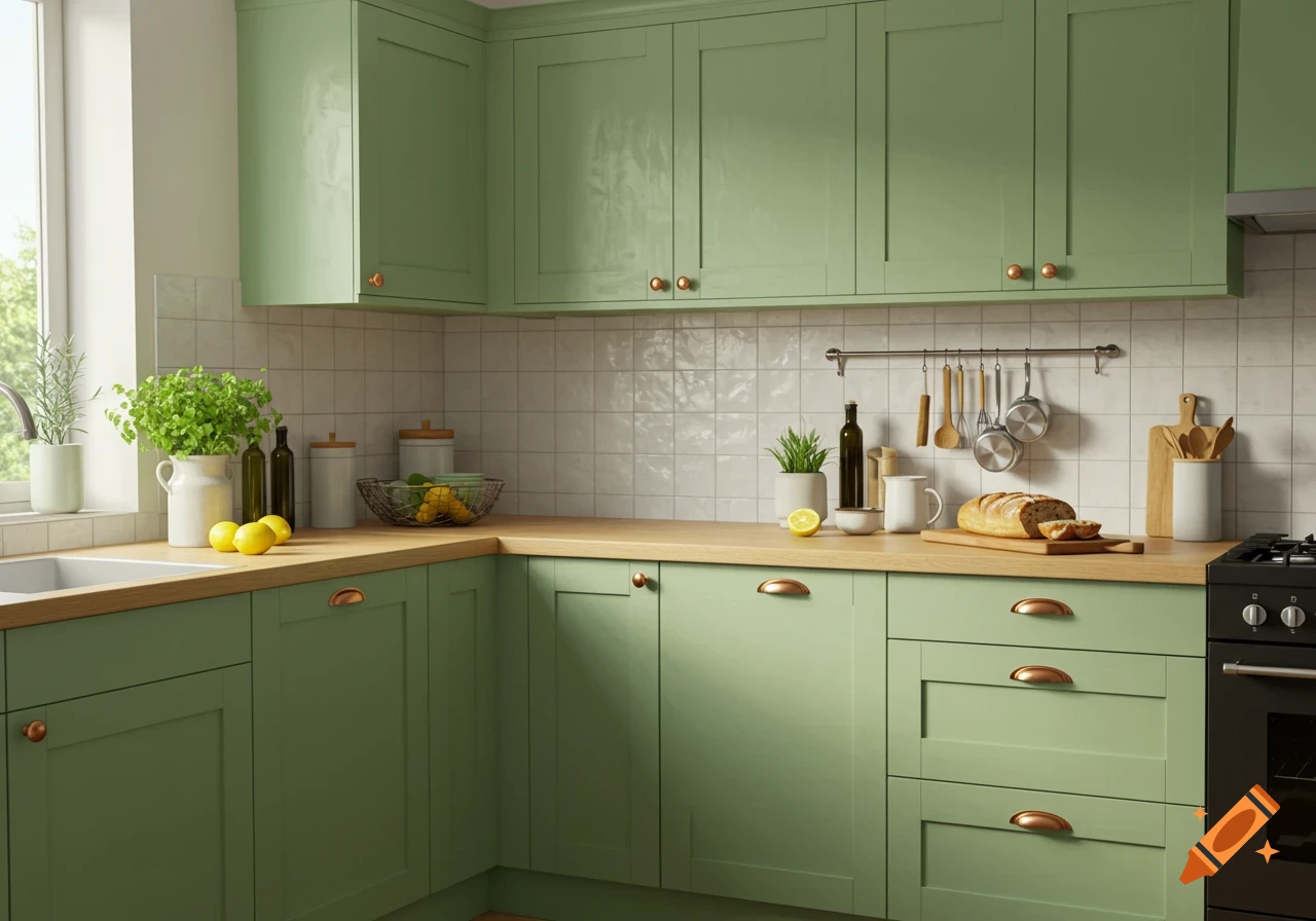 A modern kitchen featuring pistachio green cabinets, light wood countertops, a white tiled backsplash, and various kitchen items.