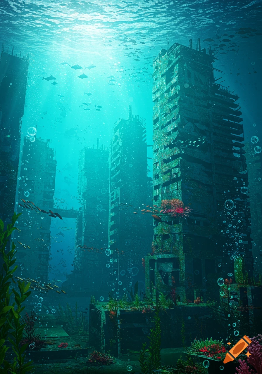 Underwater view of a ruined city with overgrown skyscrapers, schools of fish, and sunlight filtering through the deep blue water.