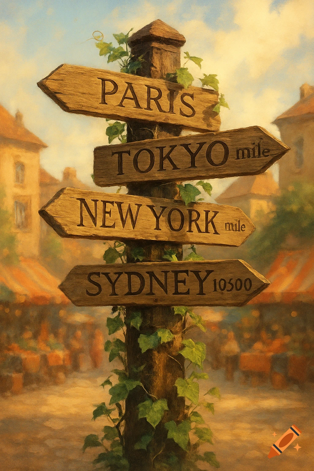 A rustic wooden signpost with arrows pointing to Paris, Tokyo, New York, and Sydney, set in a sunny, painterly street scene.