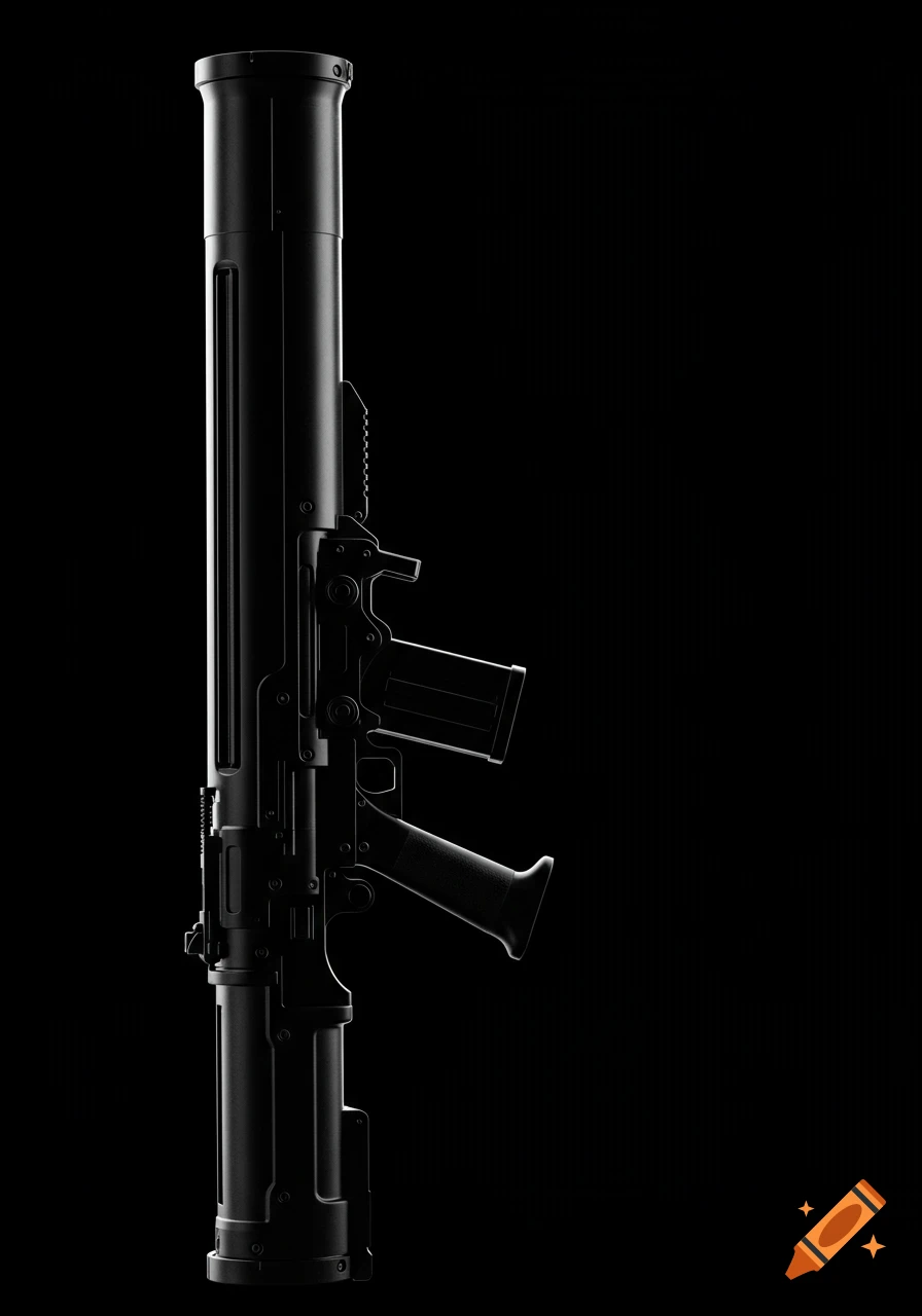 A jet black rocket launcher is silhouetted against a dark black background, emphasizing its sleek, metallic form.