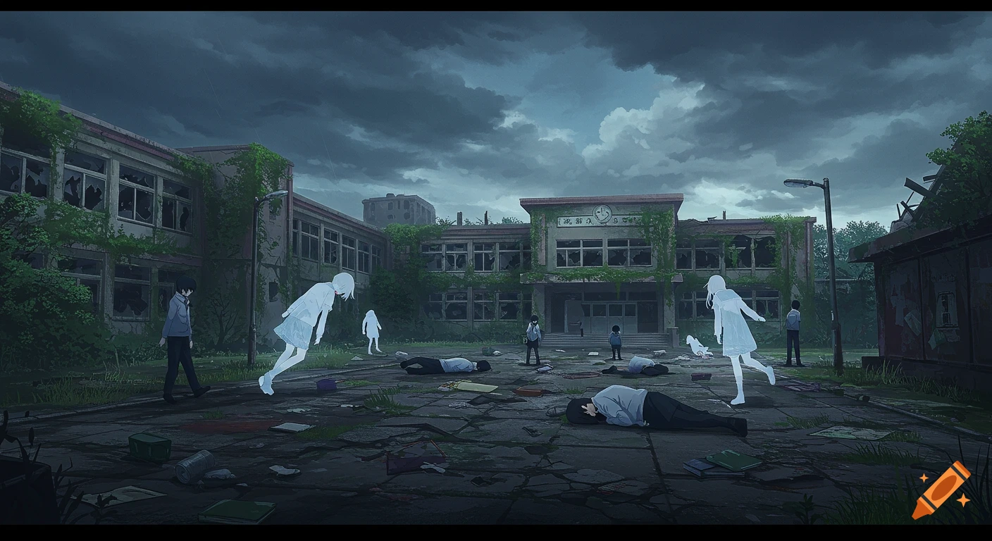 A desolate, ruined schoolyard under a dark, cloudy sky, with several students, some prone, and ghostly apparitions in a cinematic anime style.
