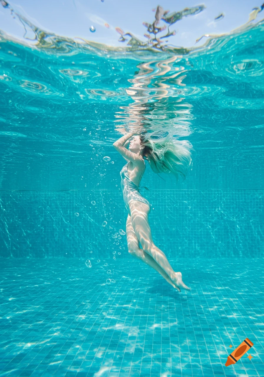 A woman in a light-colored swimsuit floats gracefully underwater in a bright blue swimming pool, with light filtering from the surface.