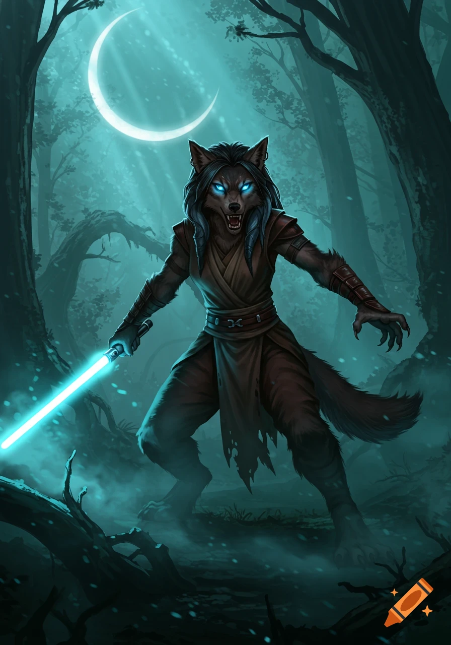 Digital illustration of a female werewolf Jedi with glowing blue eyes, holding a lightsaber in a misty, dark forest under a crescent moon.