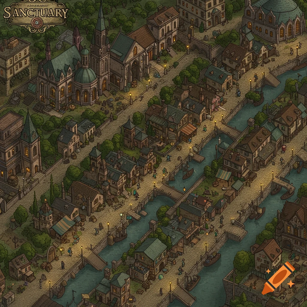 An isometric map of a gothic Victorian city with canals, buildings, bridges, and people, lit by streetlights. The title reads 'SANCTUARY'.