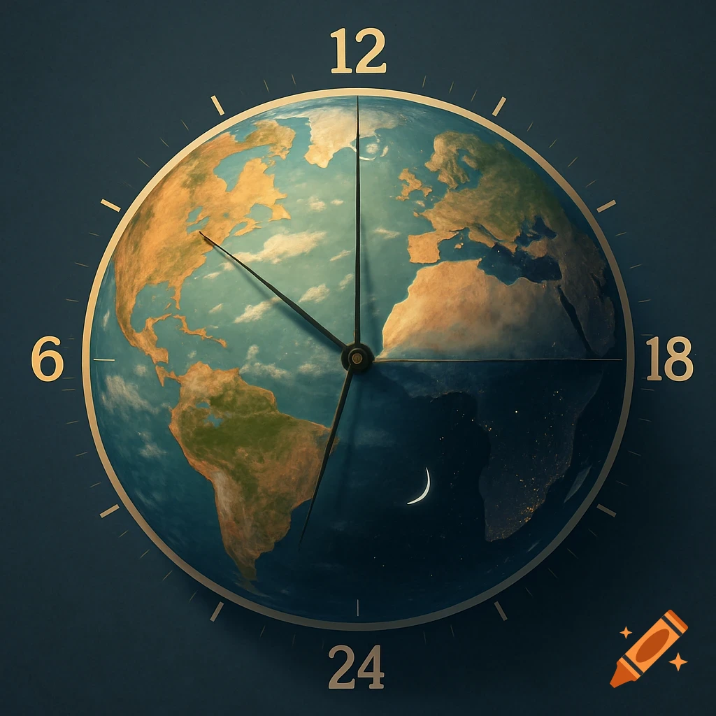 A creative 24-hour clock designed as a globe, with the top half showing day over continents and the bottom half showing night with city lights.