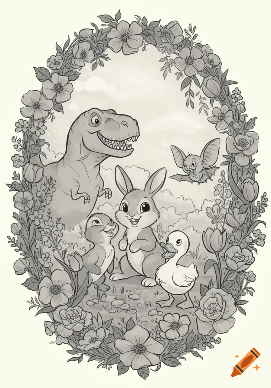 A black and white illustration of a happy T-Rex, bunny, duckling, and bat playing in a garden framed by flowers.