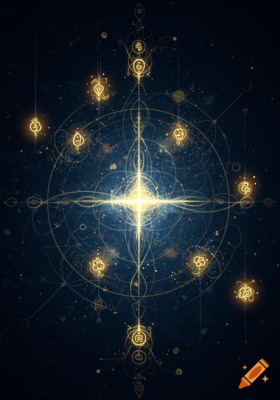 A dark blue background with glowing golden lines forming intricate sacred geometry and abstract spiritual symbols, radiating from a bright central light.