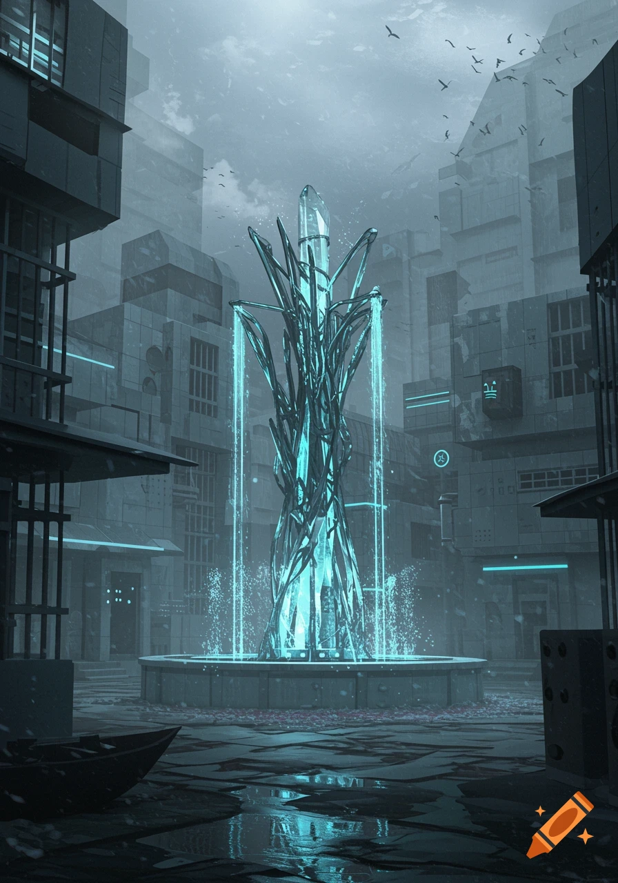 A glowing, crystalline futuristic fountain stands in the center of a bleak, metal-clad dystopian cityscape under a misty sky with birds.