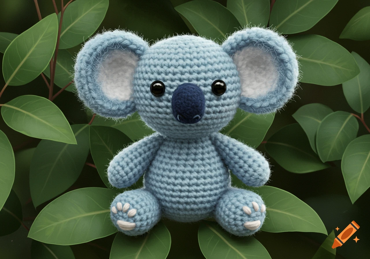 A blue crocheted koala toy with dark eyes and nose sits among large green leaves.