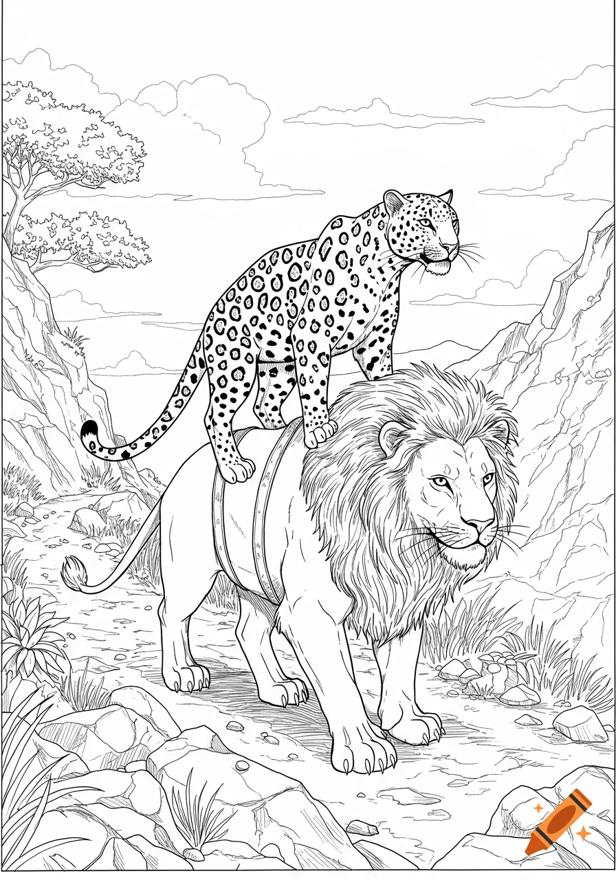 A black and white coloring page showing a leopard riding on the back of a lion through a rocky mountain landscape.
