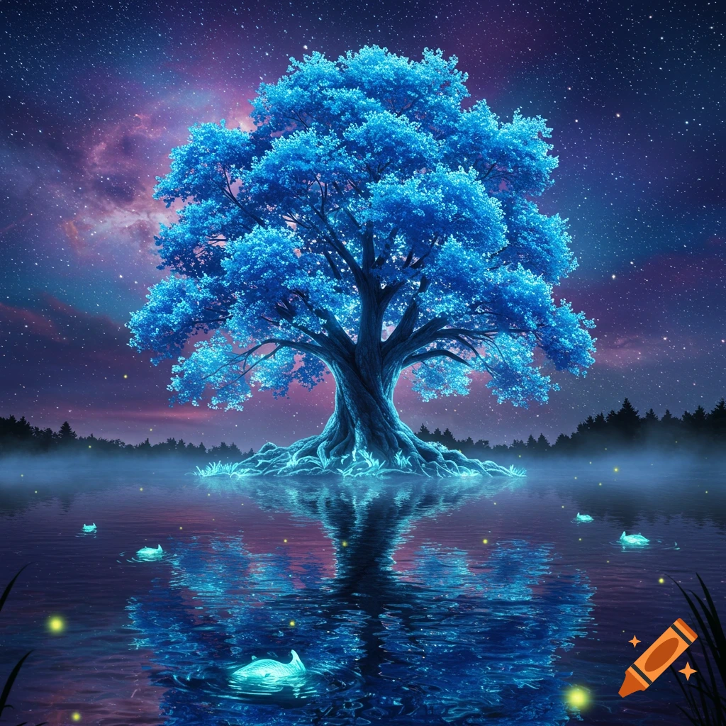 A mystical, glowing blue tree stands in water under a vibrant starry sky, with glowing elements floating in the water.