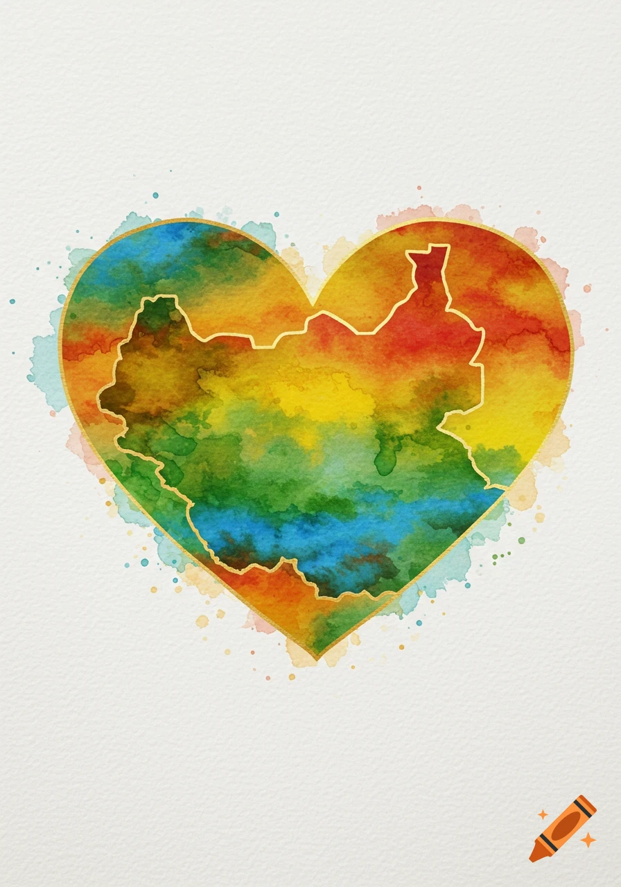 A vibrant watercolor heart with the golden outline of South Sudan inside, on a white textured background.