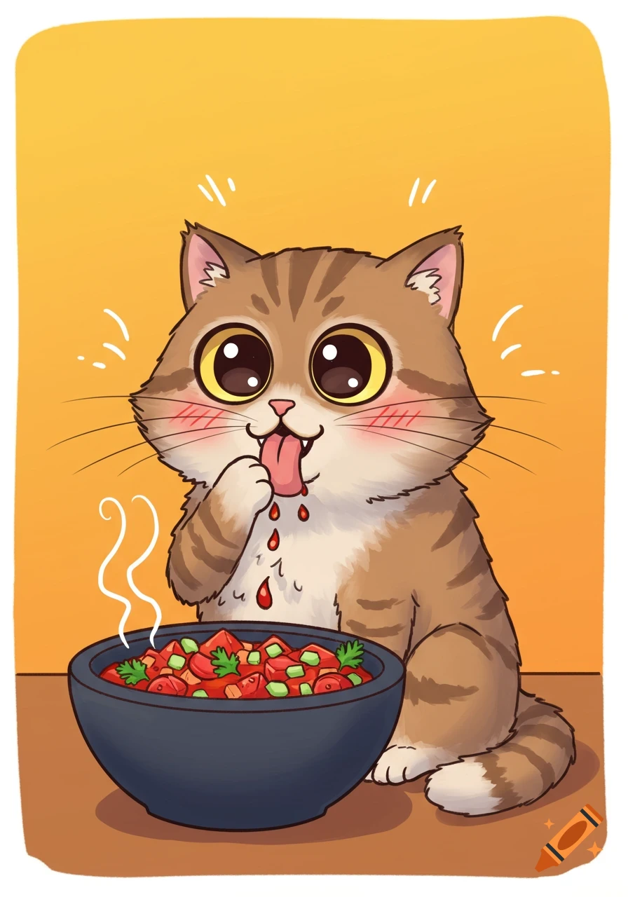 A cute cartoon cat with large eyes licking its paw, with salsa dripping, next to a steaming bowl of salsa.