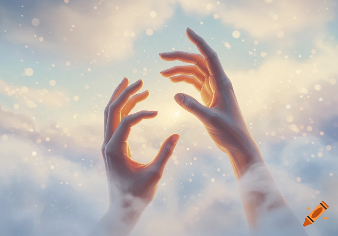 Two hands reaching up towards a bright, ethereal sky filled with sparkling lights and soft clouds.