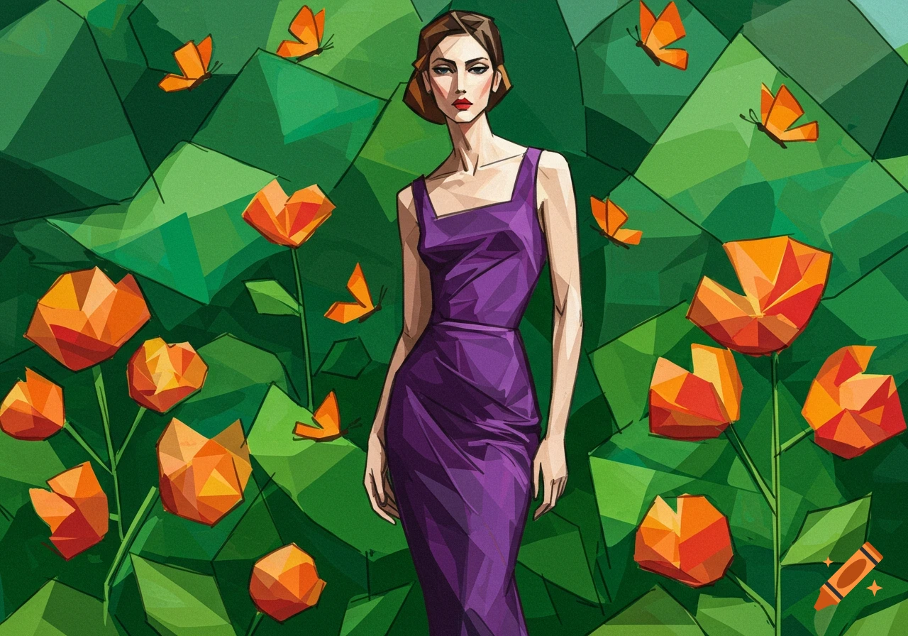 A cubist illustration of a woman in a purple dress in a vibrant green garden with geometric orange flowers and butterflies.
