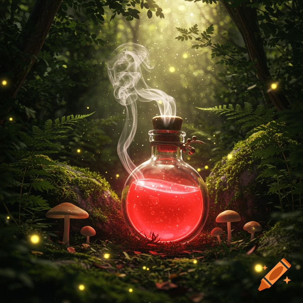 A glowing red potion bottle with smoke rising sits on a mossy forest floor surrounded by mushrooms and sparkling light.