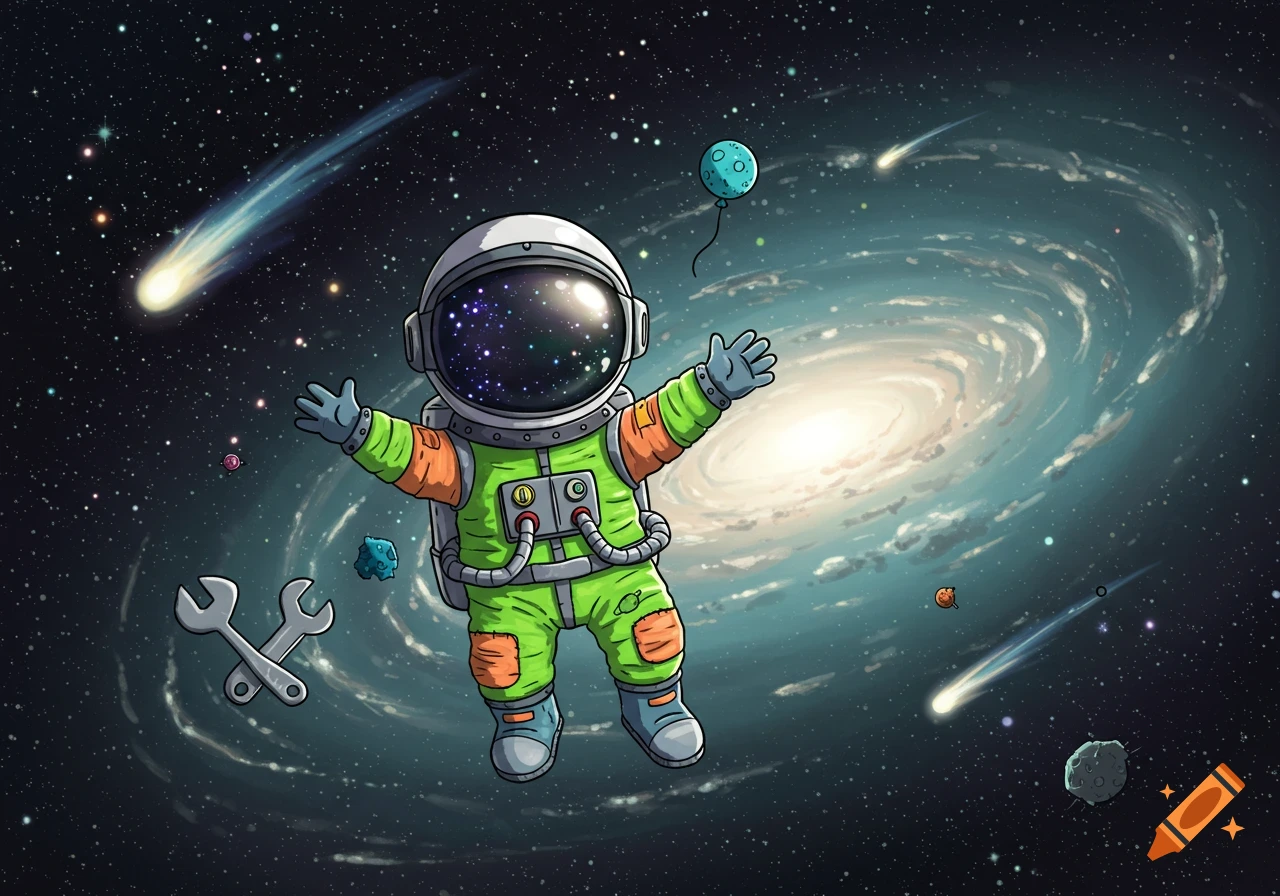 A happy cartoon astronaut in a green and orange suit floats in space with a spiral galaxy, stars, and meteors.