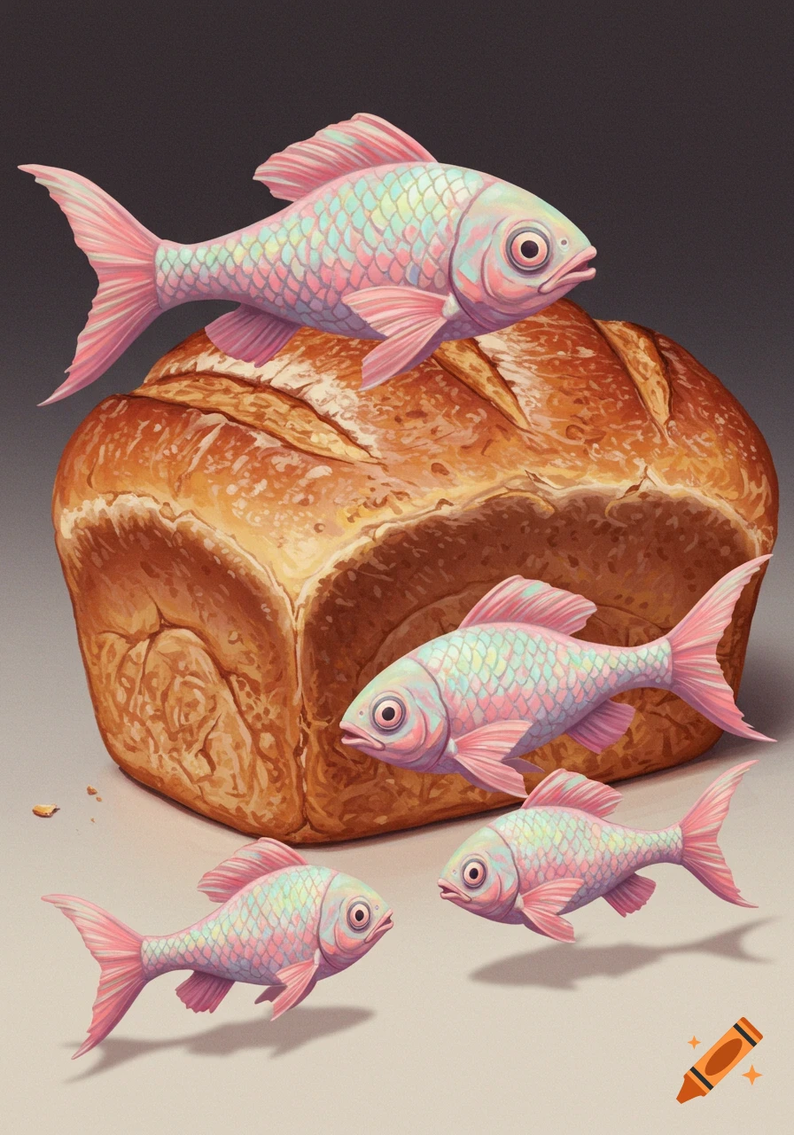 Four colorful, stylized fish (pink, blue, green) are depicted around a loaf of rustic bread.