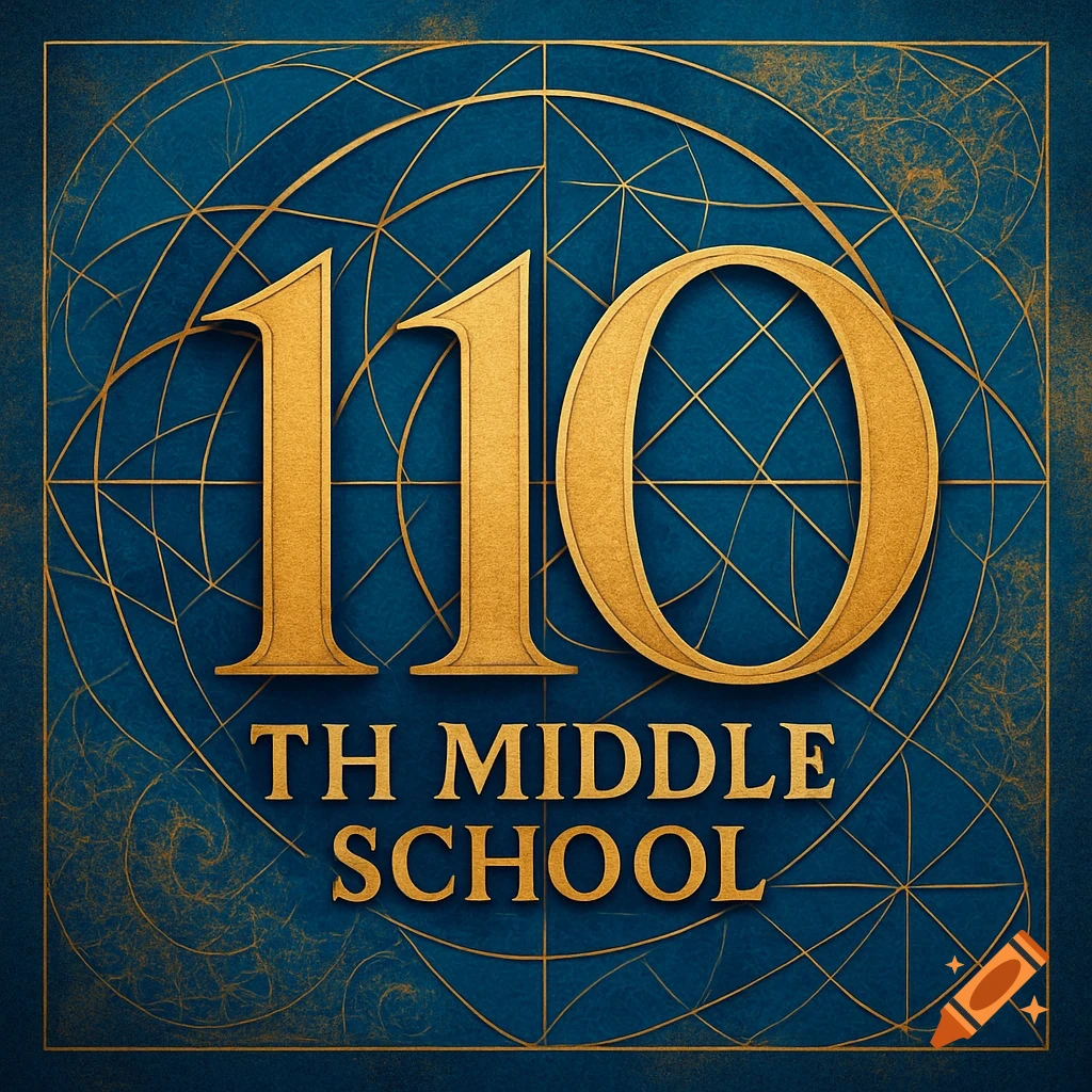 A dark blue background with intricate gold geometric patterns features large, golden numbers "110" prominently. Below the numbers, in matching golden uppercase letters, reads "TH MIDDLE SCHOOL". The overall design is elegant and celebratory.