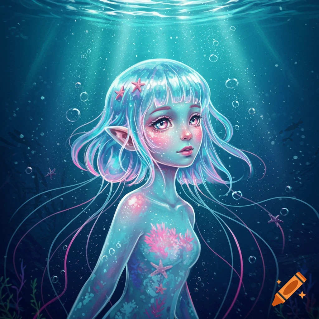 Stylized translucent girl with blue and pink hair, elf-like ears, and coral patterns, swimming in a vibrant blue underwater scene with light rays.