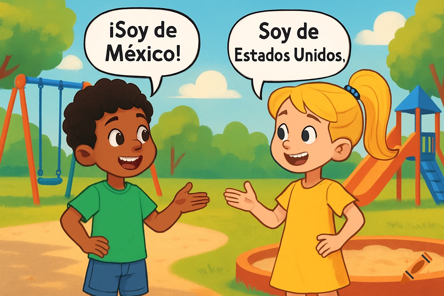 Two cartoon children, a boy and a girl, talk in a playground with speech bubbles above their heads.