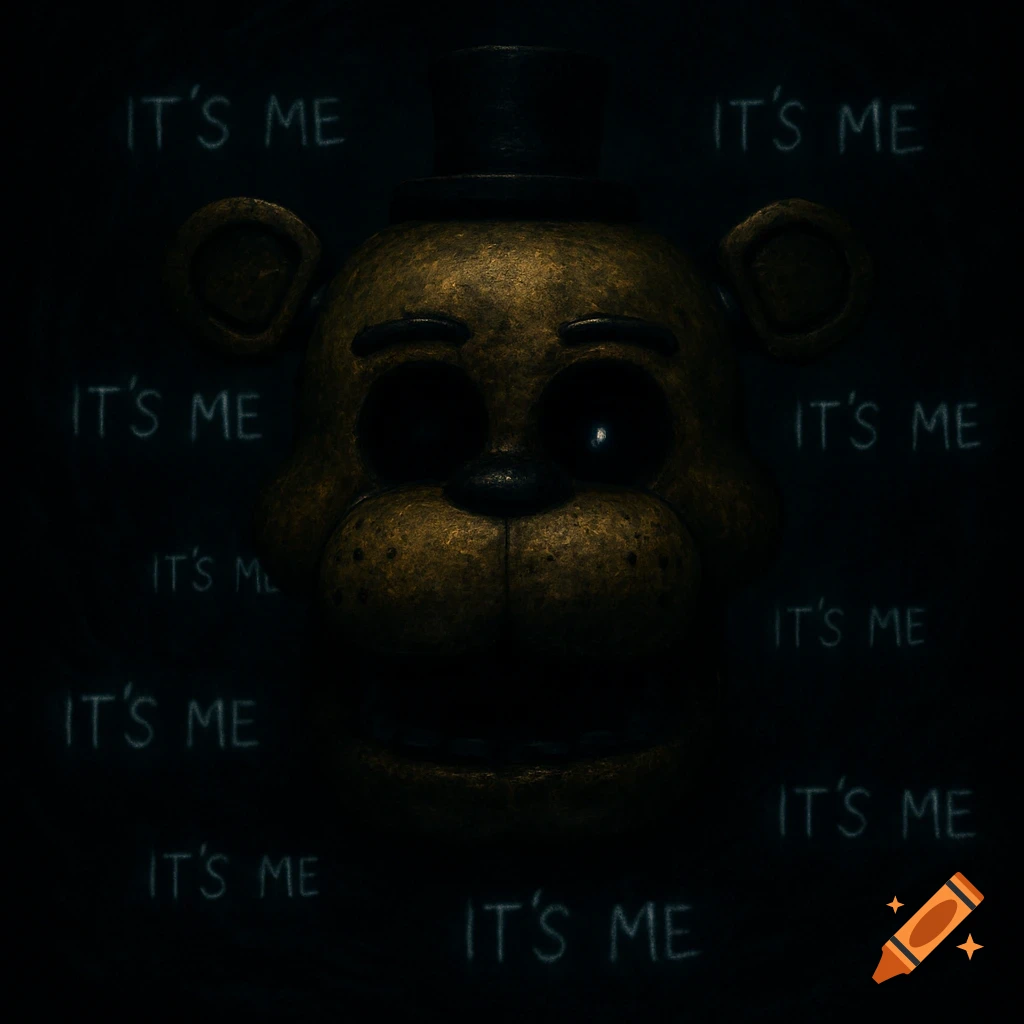 A dark, ominous image of a golden bear animatronic head with glowing eyes, surrounded by repeating white text "IT'S ME" on a black background.