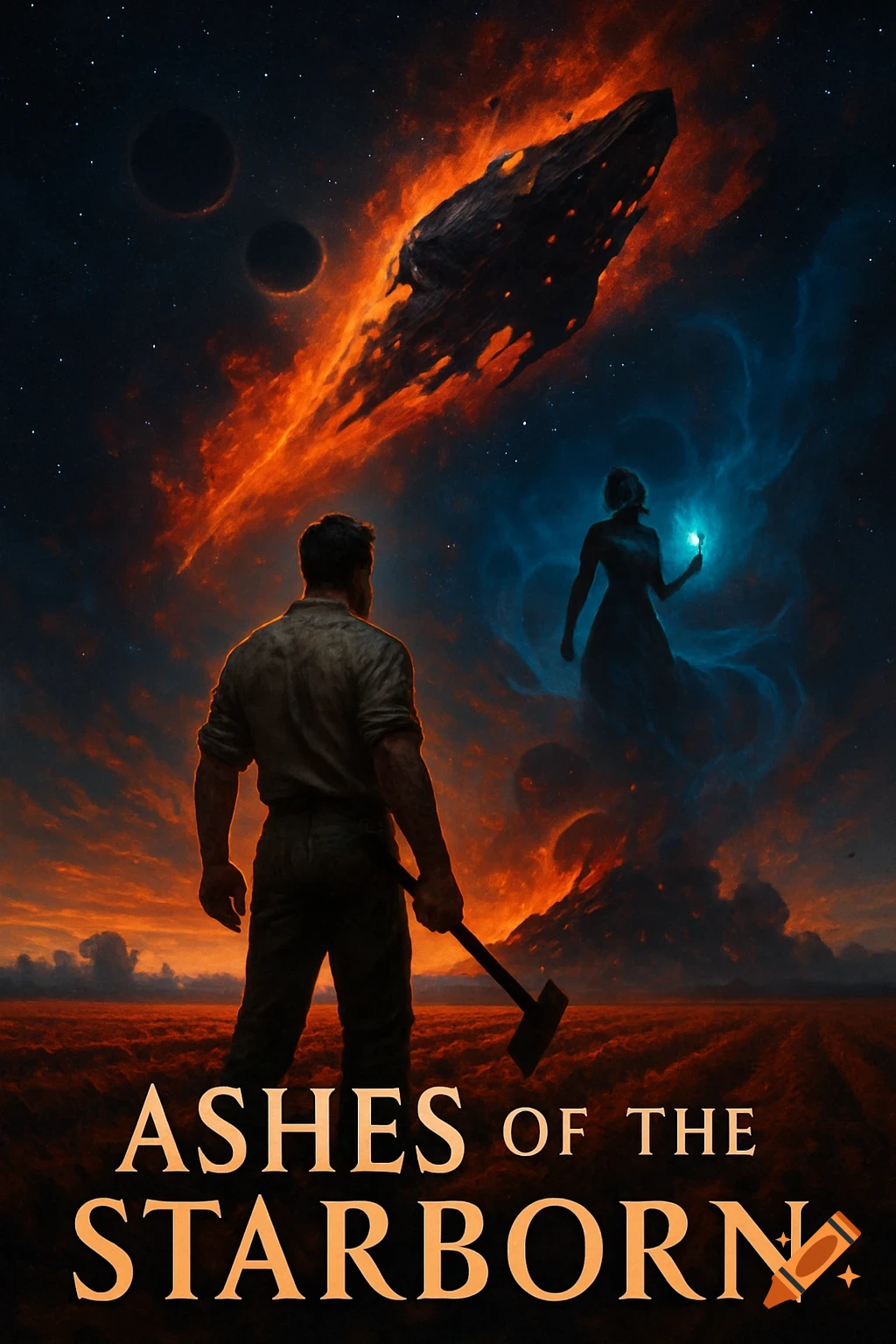 A man watches a fiery spaceship and ethereal woman in a cosmic sky above a burning field. Title 'Ashes of the Starborn'.