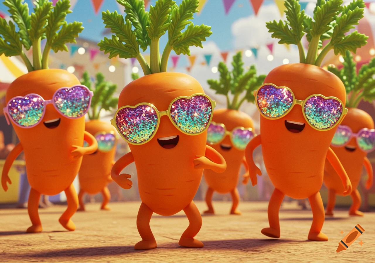 Cartoon 3D rendered dancing carrot mascots wearing sparkly heart-shaped sunglasses at an outdoor festival.